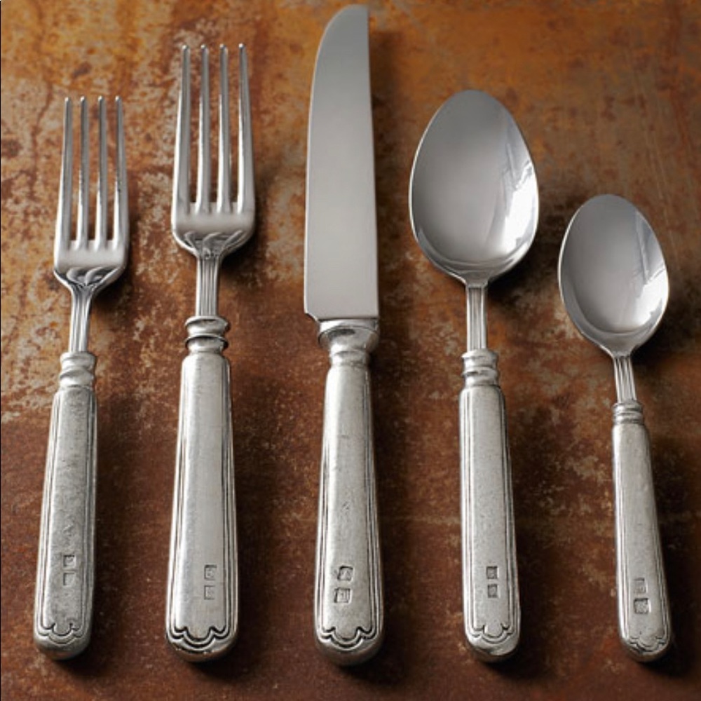 Five piece filet pewter flatware set (12 sets)